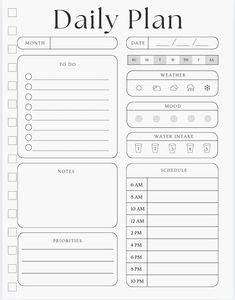 the daily planner is shown in black and white, with text that reads daily plan