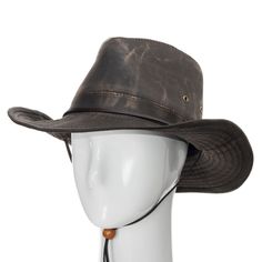 Indy is a made-for-outdoor fedora made of water-resistant weathered cotton and distressed leather. It features a reinforced teardrop crown, fully-stitched shapeable brim, and a matching fabric adjustable chin cord. The brim contains a metal wire allowing it to be shaped to your preference. Material: Weathered CottonBrim: 2 3/4"Crown: 5" teardropClimate: Cold If your measurement falls between sizes, choose the next largest size. A looser fit is recommended as you can use hat size reducer tape to Distressed Brown Fedora For Outdoor, Adjustable Rustic Fedora For Outdoors, Rugged Leather Fedora For Outdoor, Adjustable Rugged Fedora With Curved Brim, Distressed Brown Brimmed Hat For Outdoor, Rugged Adjustable Brimmed Fedora, Rugged Adjustable Wide Brim Fedora, Rugged Adjustable Fedora With Wide Brim, Adjustable Flat Brim Rugged Fedora