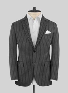 Introducing the Italian Wool Agseni Suit, a sophisticated choice that not only enhances your appearance but also exudes an authoritative presence. Meticulously crafted from the finest pure wool fabric, this exceptional suit showcases a tasteful pattern of evenly spaced vertical stripes, emanating an air of distinction. The subtle gray tone further amplifies its overall charm while its design embodies a refined and understated aesthetic. Whether you find yourself in a formal business meeting, a f Tailored Timeless Suits, Timeless Tailored Suits For Office Wear, Elegant Pinstripe Double Breasted Long Sleeve Suit, Fitted Pinstripe Outerwear For Semi-formal Occasions, Pinstripe Wool Blazer With Welt Pockets, Wool Pinstripe Blazer With Welt Pockets, Winter Pinstripe Suits For Workwear, Winter Pinstripe Suits For Work, Winter Pinstripe Suit For Workwear