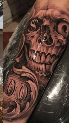 two different tattoos that are on the arm and one has a skull with dollar signs in it