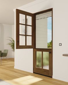 an open window in the corner of a living room with chairs and a potted plant