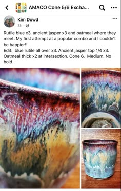 a close up of a bowl on a table with other pictures and text above it