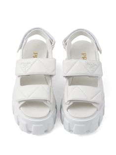 Prada triangle-logo Quilted Leather Sandals - Farfetch Prada Sandals, Triangle Logo, Chanel 2, Versace Outfit, Demi Fine Jewelry, Flat Boots, Boots And Sneakers, Fine Earrings, Quilted Leather