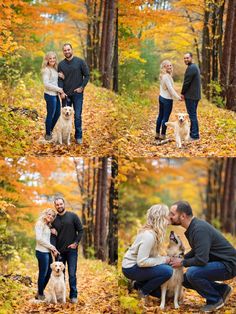 a couple and their dog are posing for pictures in the woods with autumn leaves on the ground