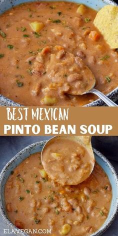 the best mexican pinto bean soup is in a blue bowl