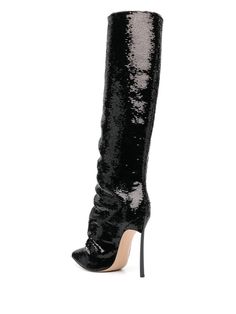 sequin-embellished leather boots from CASADEI featuring black, calf leather, sequin embellishment, pointed toe, knee-length, signature Blade heel, high heel, branded leather insole, leather sole and 130mm heel. This item is in size 37½ and the color is Casadei Boots, Leather Heel Boots, Sequin Boots, Leather Heeled Boots, Latest Fashion Design, Moon Boots, Boot Brands, Online Fashion Stores, Heel Boots