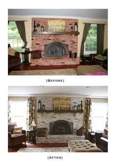 before and after pictures of a brick fireplace