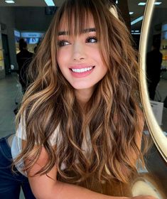 Highlighted Hair With Bangs, Brown Hair With Highlights And Bangs, Balayage With Bangs, Bangs And Balayage, Golden Highlights Brown Hair, Brown Hair Bangs, Brown Hair With Caramel Highlights, Hair Color Underneath, Honey Brown Hair