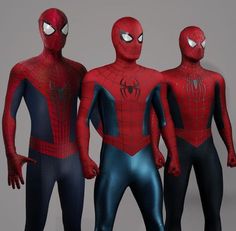 three spider - man suits are standing in front of each other