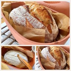 there is a loaf of bread in the pan and another photo shows it being sliced