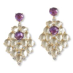 Rarities Amethyst, Rock Crystal & Zircon Chandelier Earrings  These elegant, gold-plated hanging chandelier earrings are the perfect length to accentuate your profile. Crafted from a mesh of clear rock crystal stones and topped with purple amethyst, they provide beautiful views from both front and back sides.        Approx. 2-7/16"L x 1-7/16"W     Stamped .925; 22-24K yellow gold plating     Pierced with clutch backs     Chandelier-style earrings have pear-shaped amethyst stones prong-set on post fronts     Drops comprised of rock crystal quartz stones     Each drop has single, amethyst accent     Round, white zircon accents throughout     All stones prong-set with checkerboard-cut facets   Stone Information       All sizes and weights approximate     Amethyst - Heart (10mm), round (10mm) Elegant Purple Gemstone Chandelier Earrings, Elegant Purple Dangle Chandelier Earrings, Elegant Briolette Gemstone Chandelier Earrings, Purple Drop Chandelier Earrings For Formal Occasions, Gold Amethyst Earrings For Parties, Elegant Teardrop Gemstone Chandelier Earrings, Elegant Teardrop Chandelier Earrings With Gemstone Accents, Luxury Gold Amethyst Earrings, Elegant Gold Amethyst Crystal Earrings