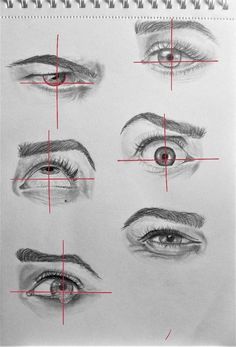 a drawing of different eyes with red lines on the top and bottom half of each eye