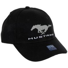 the mustang hat is black and has a white horse on it