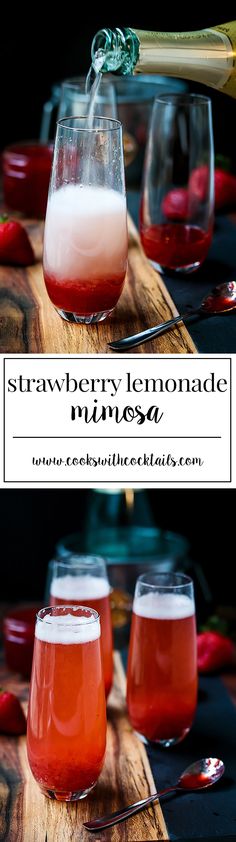 strawberry lemonade punch in glasses with strawberries on the side and text overlay