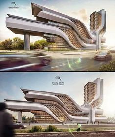 two pictures of an unusual building with curved sides