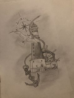 a pencil drawing of a lighthouse with an anchor and compass on the top, next to a ship