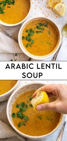 two pictures showing the same soup in different bowls with lemons and parsley on top