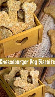 two pictures of dog biscuits in wooden boxes with the words cheeseburger dog biscuits