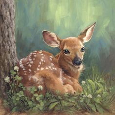 a painting of a baby deer laying in the grass next to a tree and flowers