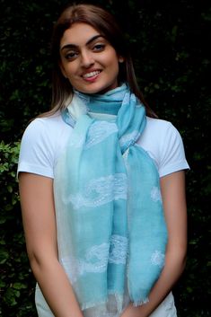 Steel Blue And White Ombre Linen Scarf With White Lace Appliques Black Wool Scarf, Spring Collection Fashion, Copper Ombre, Copper Lace, Ombre Scarf, Light Steel Blue, Linen Scarf, Spring Scarves, White Ombre