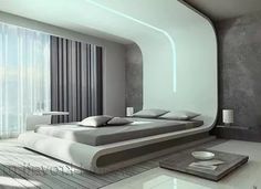 a modern bedroom with white and gray decor