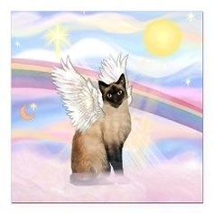 a siamese cat with angel wings standing in front of a rainbow and stars background