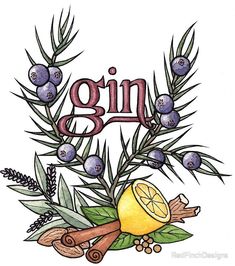 the word gin surrounded by herbs and lemons