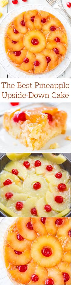 pineapple upside down cake with cherries on the top and in the bottom, ready to be eaten