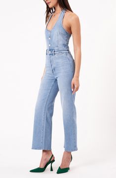 Embrace retro style in this low-stretch denim jumpsuit designed with a button-front closure and a chic halter neckline. Front button closure; button fly Halter neck Front on-seam welt coin pockets; back patch pockets 69% cotton, 29% recycled viscose, 2% elastane Machine wash, line dry Imported Summer Full-length Jeans With Button Closure, Summer Jeans With Button Closure, Chic Medium Wash Denim Jumpsuit With Button Closure, Chic Denim Jumpsuit With Button Closure In Medium Wash, Chic Medium Wash Wide Leg Denim Jumpsuit, Chic Denim Jumpsuit With Button Closure For Spring, Chic Spring Denim Jumpsuit With Button Closure, High Waist Flare Jeans With Button Closure For Summer, Chic Straight Leg Overalls For Spring