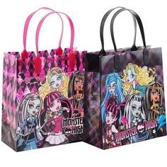 two shopping bags with monster high characters on the front and one has pink handles, while the other is black