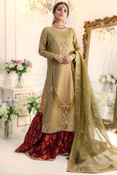 Tehzib | Pakistani Designer Outfit | Sarosh Salman Gharara Designs, Floral Motives, Met Gala Dresses, Pakistani Designer Clothes, Resham Work, Pakistani Party Wear, Designer Outfit, Pop Of Red, Embroidered Border