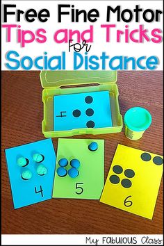 three pictures with the text free fine motor tips and tricks for social distance