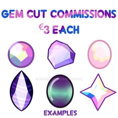 some different shapes and sizes of gems on a white background with the words gem cut commission