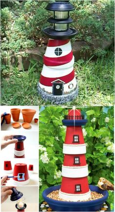 the lighthouse is made out of plastic cups and has been painted red white and blue