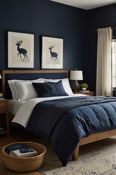 a bed room with a neatly made bed and paintings on the wall