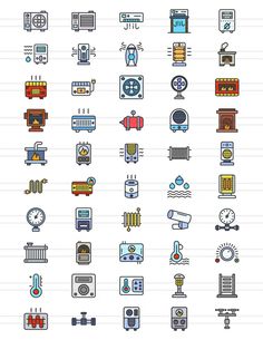 a bunch of different types of icons on a piece of paper with lines in the background