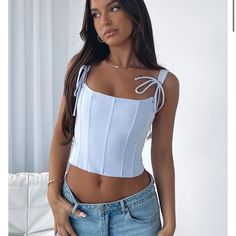 White Fox Boutique “She Is Beauty” Bustier Corset Top In Baby Blue Size Medium Brand New In Unopened Package With Tags! Casual Blue Summer Corset, Casual Blue Corset For Summer, Trendy Blue Tops With Straps, Cropped Summer Corset With Straps, Blue Tank Strap Crop Top For Spring, Blue Crop Top With Adjustable Straps, Blue Tank Straps Crop Top For Spring, Blue Tank Strap Crop Top For Summer, Blue Sleeveless Corset With Straps