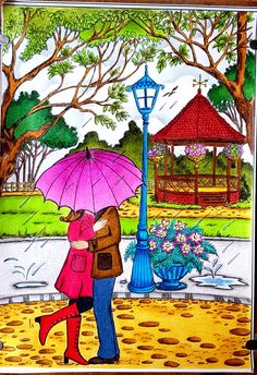 two people are standing under an umbrella in the rain near a gazebo and flowers