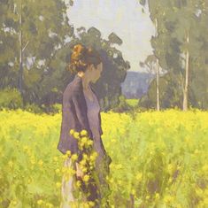 a painting of a woman standing in a field with yellow flowers and trees behind her