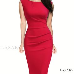 Lasaky - Refined Ruched Dress with Crew Neck Zipper – Sophisticated Work-Ready Pencil Dress for Womens Fashion Fitted Red Bodycon Dress For Office, Red Bodycon Dress For The Office, Fitted Red Pleated Midi Dress, Fitted Red Mini Dress For Office, Red Fitted Mini Dress For Office, Fitted Office Dresses With Side Zipper, Red Bodycon, Red Bodycon Dress, Female Fashion