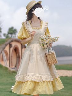 [Reservations] Retro Girly Yellow Dress + Apron + Ribbon – Belchic Cottagecore Dress With Apron, Sunflower Inspired Outfit, Yellow Fantasy Outfit, Yellow Aesthetic Clothes, Yellow Aesthetic Fashion, Yellow Picnic Dress, Yellow Outfit Aesthetic, Wife Clothes, Dress Apron