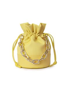 Editor's NotesVIVICHO's bag is simple and perfect for daily wear.- Light-weighted- Eye-catching wrinkle shirring detail- Replaceable chain strap- Drawstring closure- Adjustable shoulder strap- Feminine and unique style*Chain strap is for additional purchaseMeasurements(in.)- Size: 6.69in. (W) / 9.06in. (L) / 6.69in. (D)- Chain Strap: 14.96in.- Shoulder Strap: 42.13in. ~ 46.85in.- Weight: 8.47oz.Composition & Care- Synthetic leather- Avoid direct heat and moisture- Use a dry cloth to remove m Luxury Yellow Double Handle Bucket Bag, Chic Yellow Bag With Chain Strap, Yellow Bucket Bag With Gold-tone Hardware, Spring Bucket Shoulder Bag With Gold-tone Hardware, Chic Bucket Bag With Chain Strap For Travel, Chic Yellow Pouch Bucket Bag, Chic Travel Bucket Bag With Chain Strap, Chic Crossbody Bucket Bag With Chain Strap, Chic Everyday Bucket Bag With Chain Strap