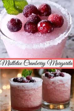 two glasses filled with raspberry margaritas and mint garnish on top