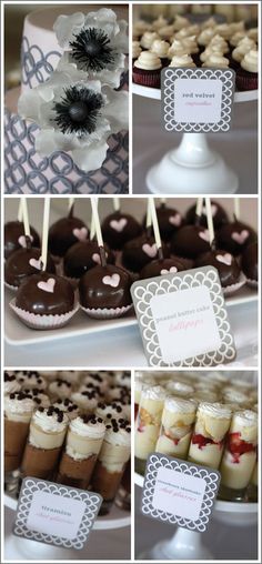 a collage of different desserts on display