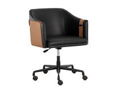 a black and brown office chair with wheels on an isolated white background, side view