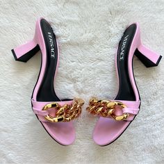 Nwt!!! Versace Women Sandals Size 37,5 Authentic Retail 950$ New Condition With Tags . Pls See Photos For Measurements. Luxury Slip-on Heels With Sculpted Heel, Luxury Slip-on Heels With Heel Strap, Luxury Pink Sandals With Sculpted Heel, Luxury Pink High Heel Sandals, Luxury Pink Sandals With Padded Heel, Luxury Pink Block Heel Shoes, Luxury Pink Block Heel Heels, Luxury Slip-on Heels For Spring, Luxury Summer Slip-on Heels