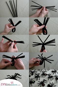 instructions to make a spider out of black paper and scissors for halloween decorations or crafts