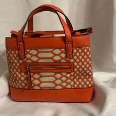 New Condition And Never Used. Coral And Straw Type Fabric Make It Perfect For Summer! Casual Orange Satchel With Double Handle, Casual Orange Shoulder Bag For Errands, Casual Orange Shoulder Bag, Summer Satchel With Zipper Closure For Shopping, Casual Orange Bags For Spring, Casual Orange Spring Bags, Casual Orange Satchel With Removable Pouch, Orange Summer Bags For Errands, Casual Tan Satchel With Double Handle