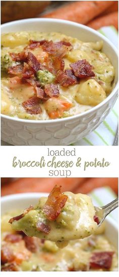 broccoli cheese and potato soup in a white bowl with bacon on the side