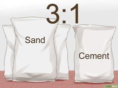 two bags with sand and cement on the floor next to one bag that says 3 1